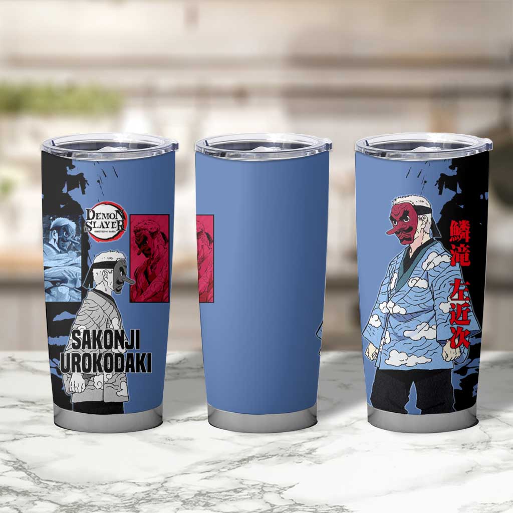 Sakonji Urokodaki from Demon Slayer Tumbler Cup with Blue and Black Split Background and Cloud Kimono Water Style Manga Design - The Mazicc