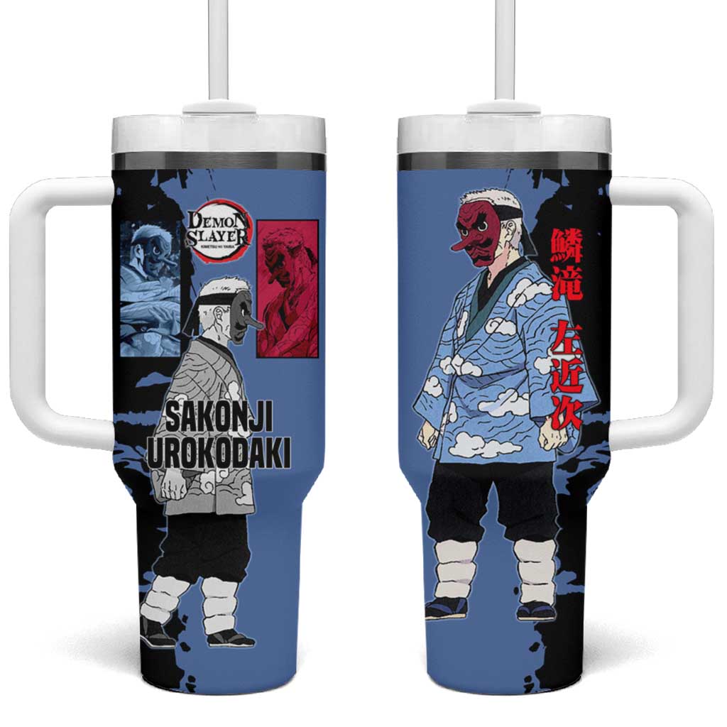 Sakonji Urokodaki from Demon Slayer Tumbler With Handle with Blue and Black Split Background and Cloud Kimono Water Style Manga Design - The Mazicc