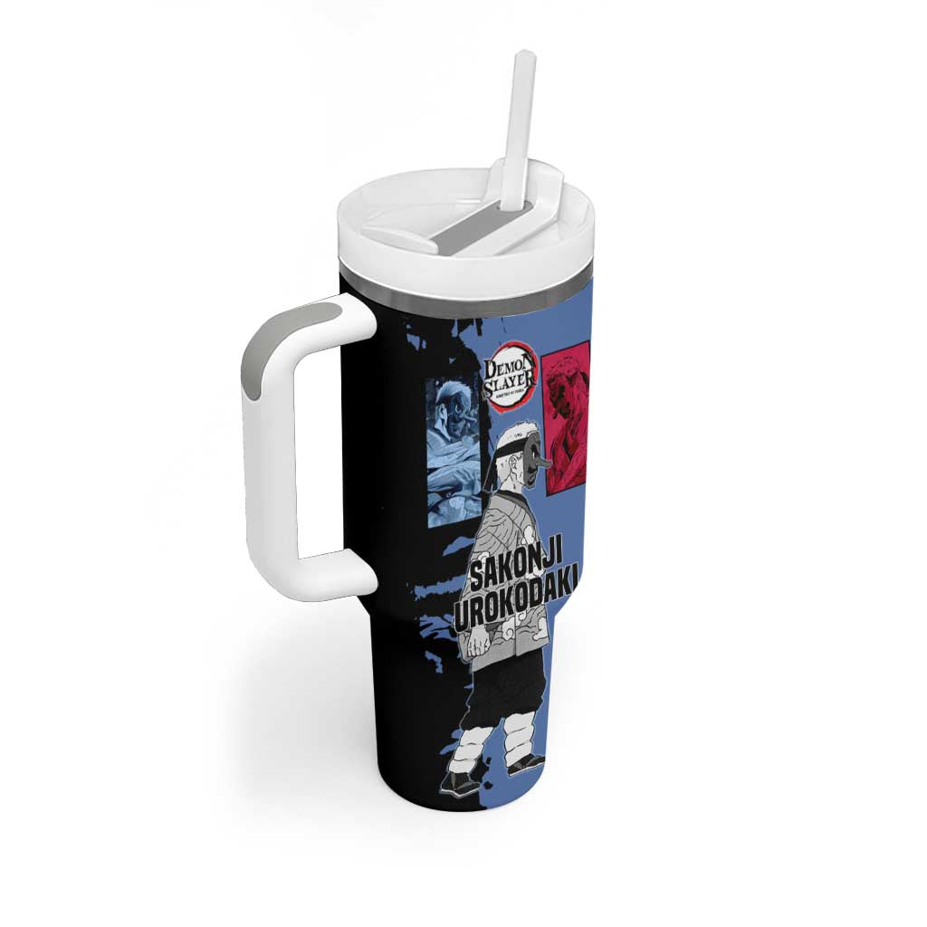 Sakonji Urokodaki from Demon Slayer Tumbler With Handle with Blue and Black Split Background and Cloud Kimono Water Style Manga Design - The Mazicc