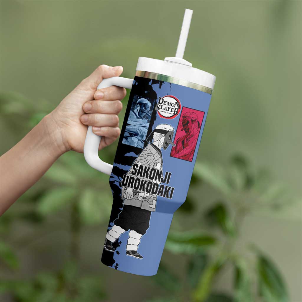 Sakonji Urokodaki from Demon Slayer Tumbler With Handle with Blue and Black Split Background and Cloud Kimono Water Style Manga Design - The Mazicc