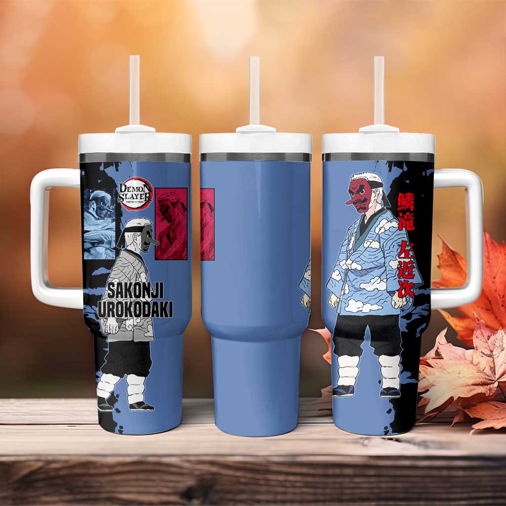 Sakonji Urokodaki from Demon Slayer Tumbler With Handle with Blue and Black Split Background and Cloud Kimono Water Style Manga Design - The Mazicc