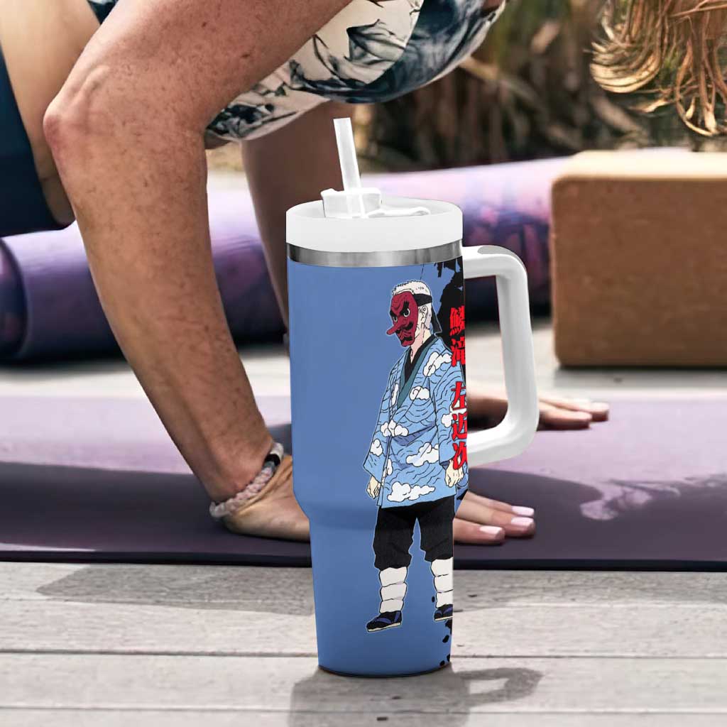 Sakonji Urokodaki from Demon Slayer Tumbler With Handle with Blue and Black Split Background and Cloud Kimono Water Style Manga Design - The Mazicc