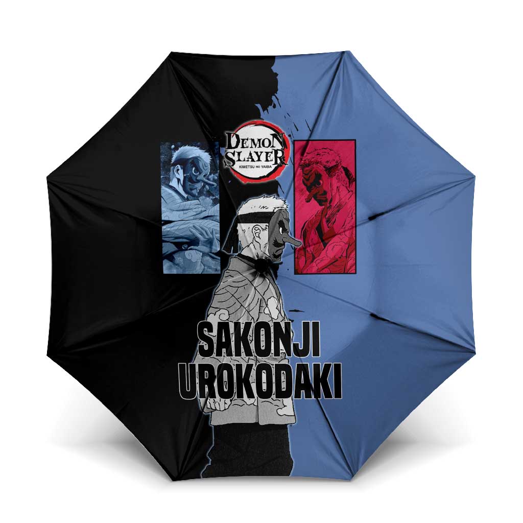 Sakonji Urokodaki from Demon Slayer Umbrella with Blue and Black Split Background and Cloud Kimono Water Style Manga Design - The Mazicc