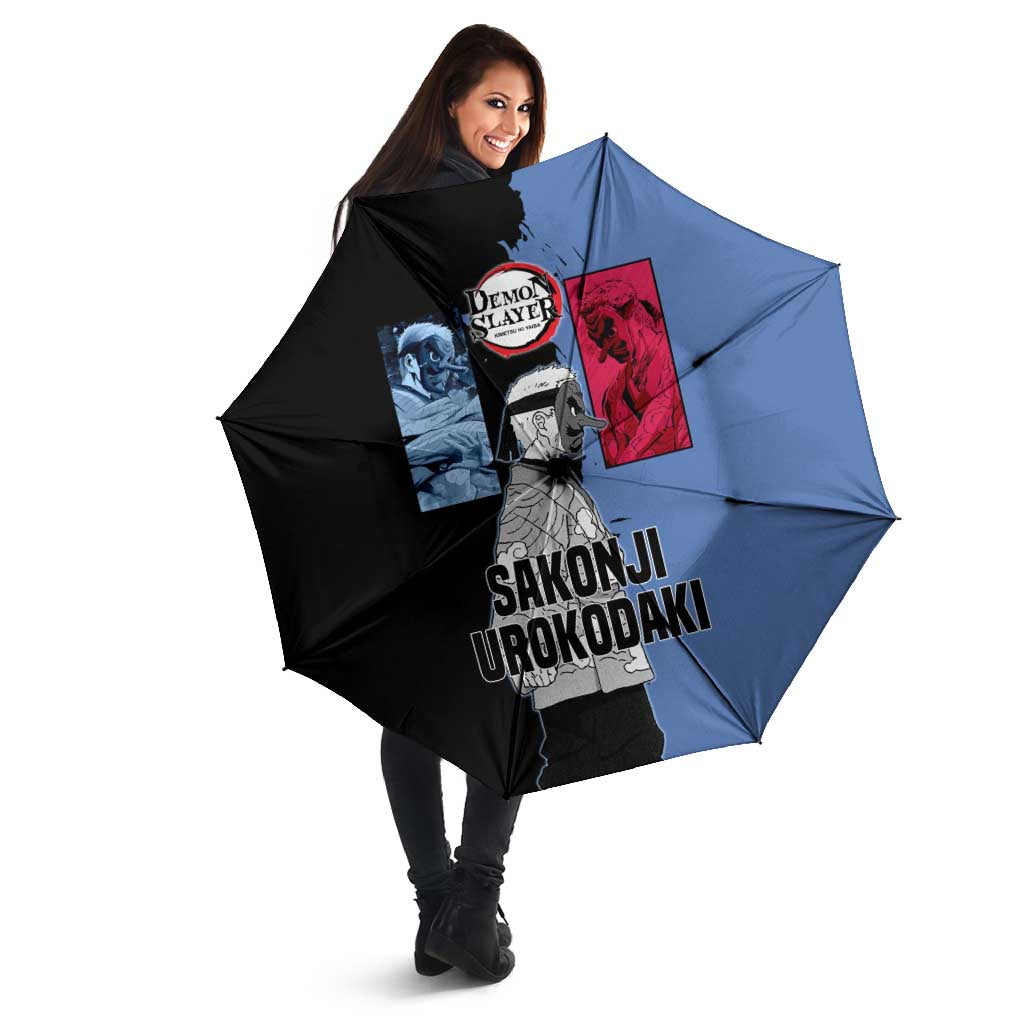 Sakonji Urokodaki from Demon Slayer Umbrella with Blue and Black Split Background and Cloud Kimono Water Style Manga Design - The Mazicc