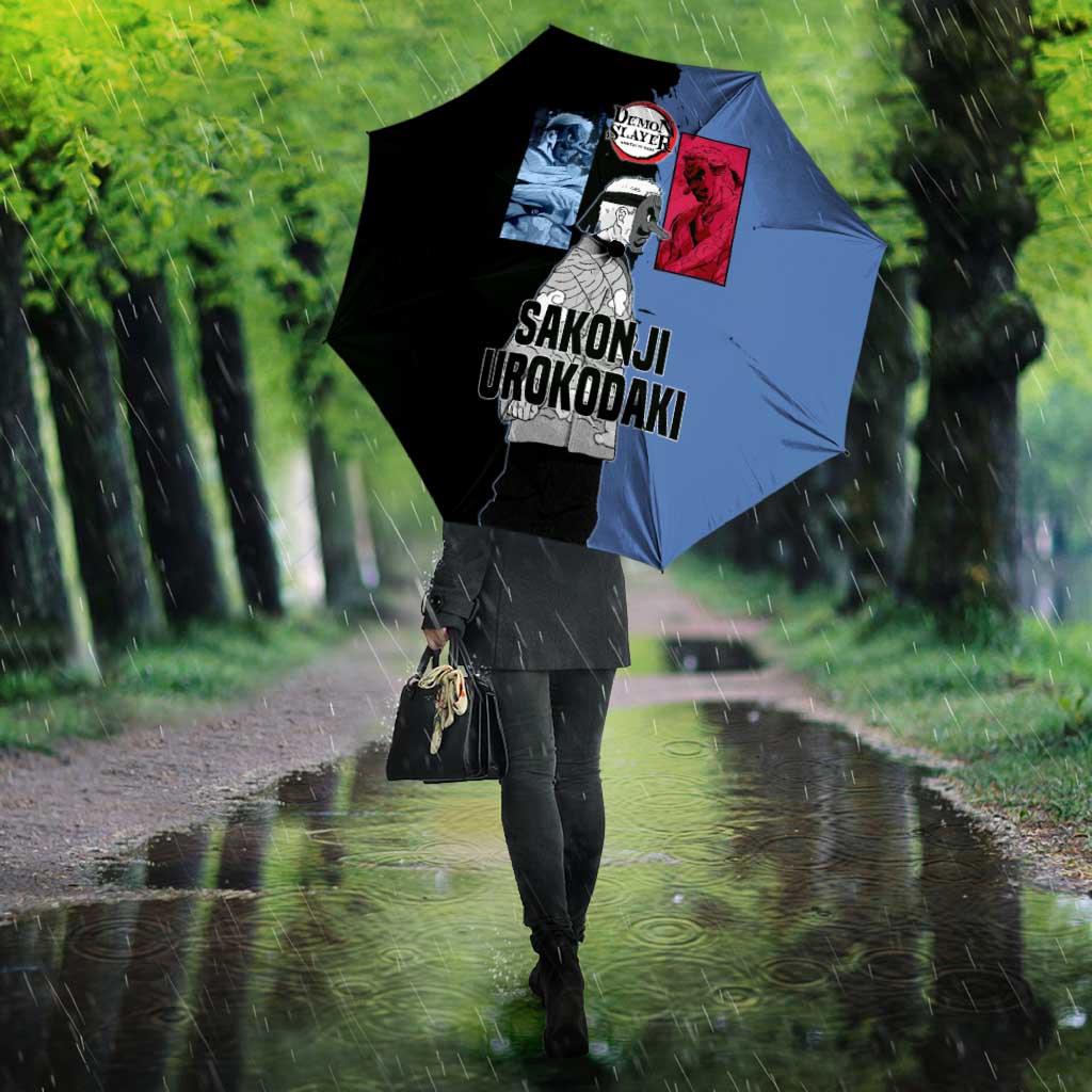 Sakonji Urokodaki from Demon Slayer Umbrella with Blue and Black Split Background and Cloud Kimono Water Style Manga Design - The Mazicc