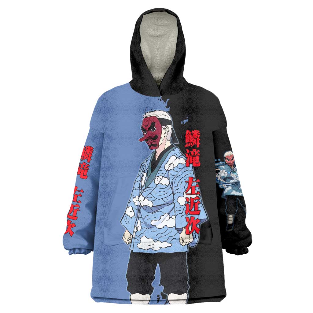 Sakonji Urokodaki from Demon Slayer Wearable Blanket Hoodie with Blue and Black Split Background and Cloud Kimono Water Style Manga Design - The Mazicc