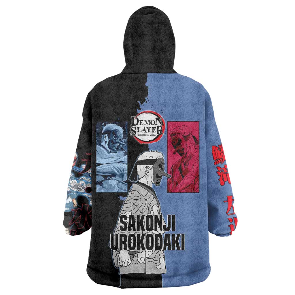 Sakonji Urokodaki from Demon Slayer Wearable Blanket Hoodie with Blue and Black Split Background and Cloud Kimono Water Style Manga Design - The Mazicc