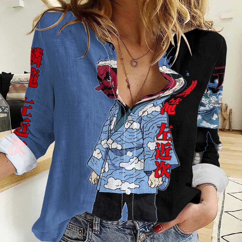 Sakonji Urokodaki from Demon Slayer Women Casual Shirt with Blue and Black Split Background and Cloud Kimono Water Style Manga Design - The Mazicc