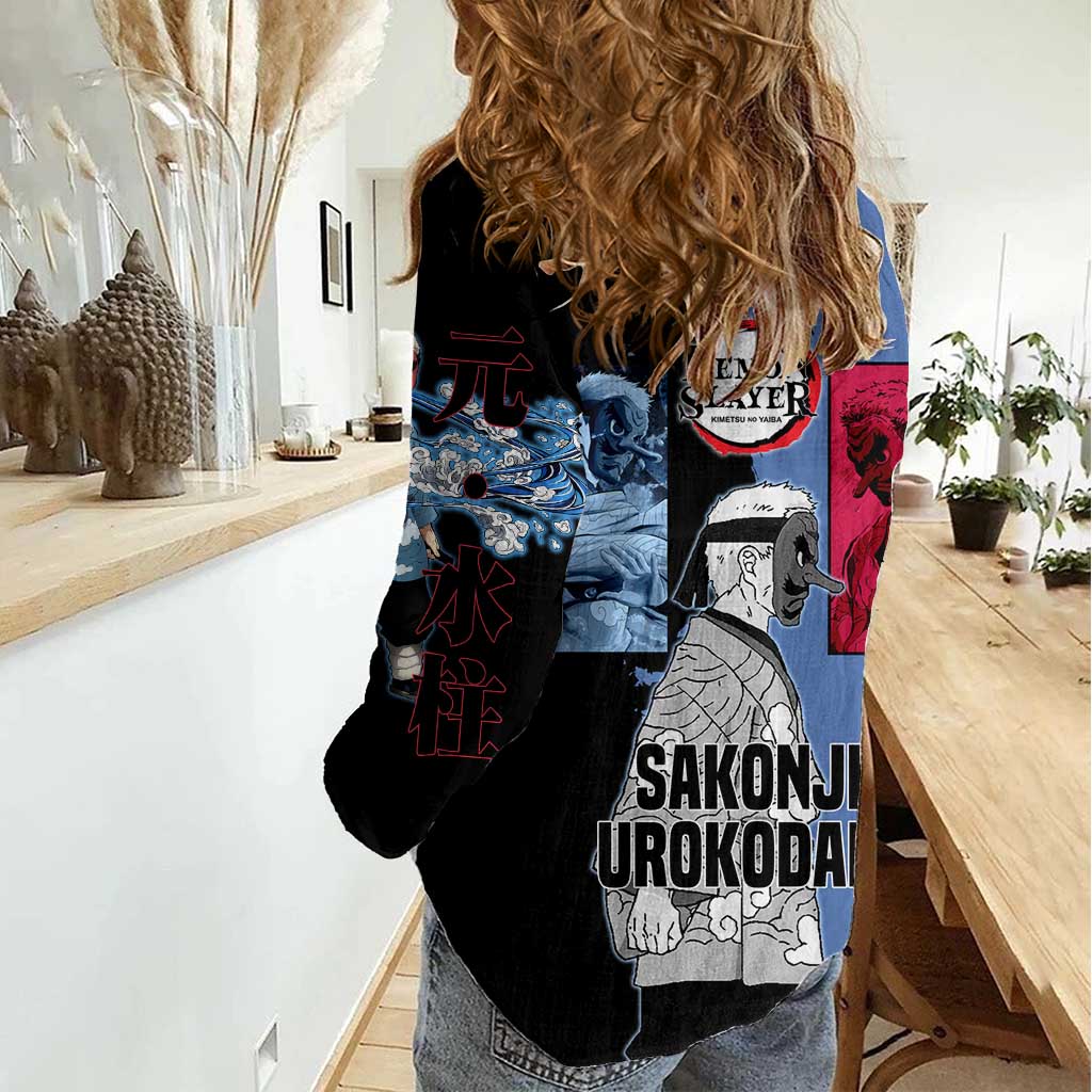 Sakonji Urokodaki from Demon Slayer Women Casual Shirt with Blue and Black Split Background and Cloud Kimono Water Style Manga Design - The Mazicc