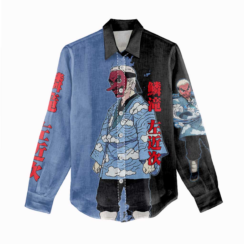 Sakonji Urokodaki from Demon Slayer Women Casual Shirt with Blue and Black Split Background and Cloud Kimono Water Style Manga Design - The Mazicc