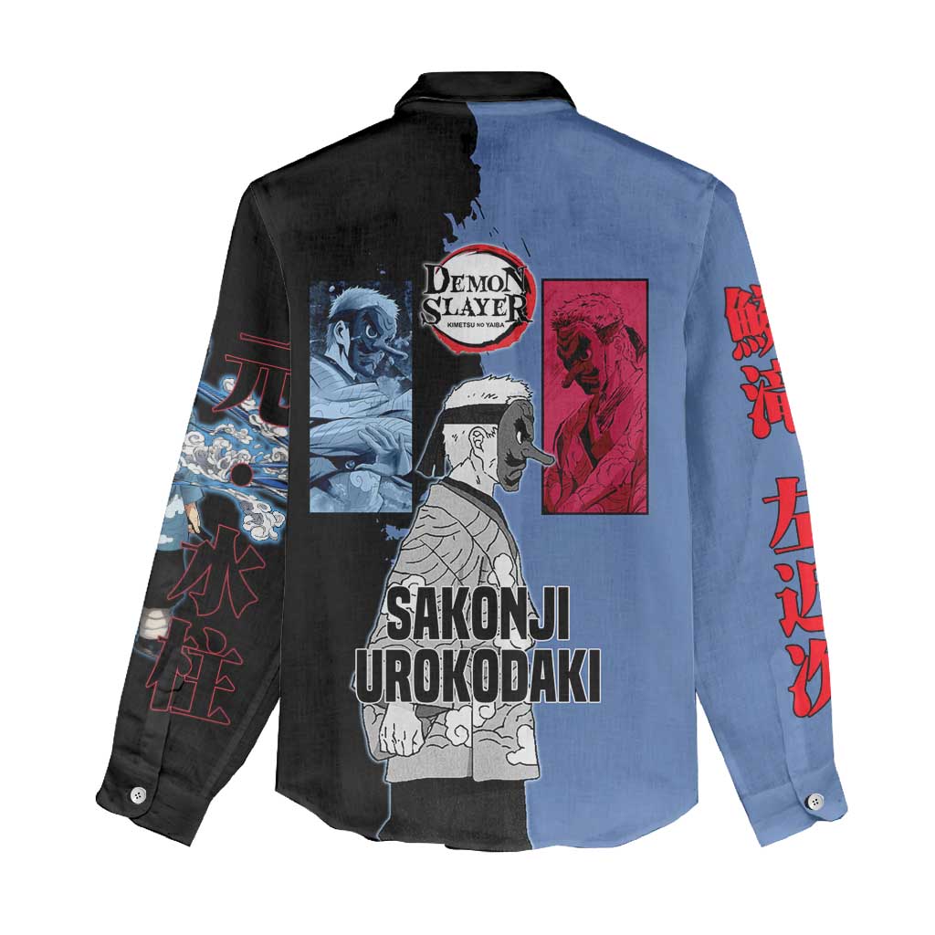 Sakonji Urokodaki from Demon Slayer Women Casual Shirt with Blue and Black Split Background and Cloud Kimono Water Style Manga Design - The Mazicc