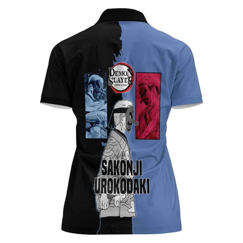 Sakonji Urokodaki from Demon Slayer Women Polo Shirt with Blue and Black Split Background and Cloud Kimono Water Style Manga Design - The Mazicc