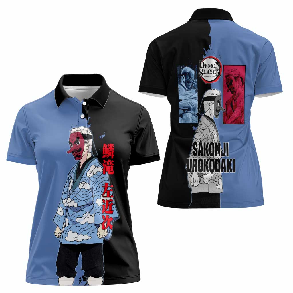 Sakonji Urokodaki from Demon Slayer Women Polo Shirt with Blue and Black Split Background and Cloud Kimono Water Style Manga Design - The Mazicc