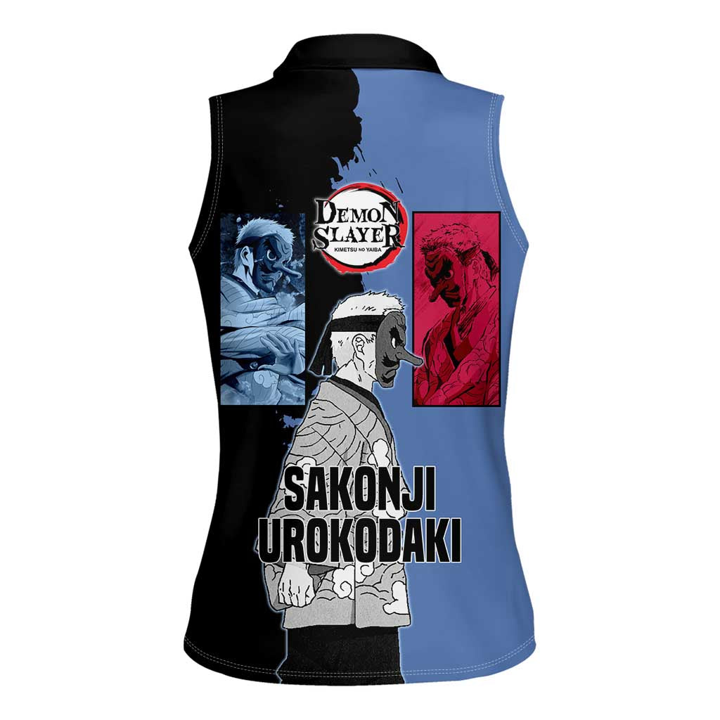 Sakonji Urokodaki from Demon Slayer Women Sleeveless Polo Shirt with Blue and Black Split Background and Cloud Kimono Water Style Manga Design - The Mazicc