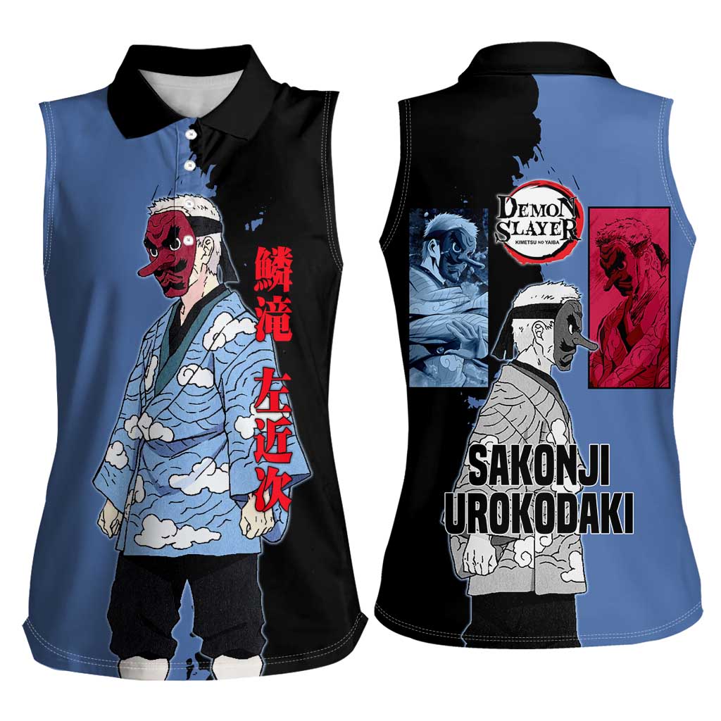 Sakonji Urokodaki from Demon Slayer Women Sleeveless Polo Shirt with Blue and Black Split Background and Cloud Kimono Water Style Manga Design - The Mazicc