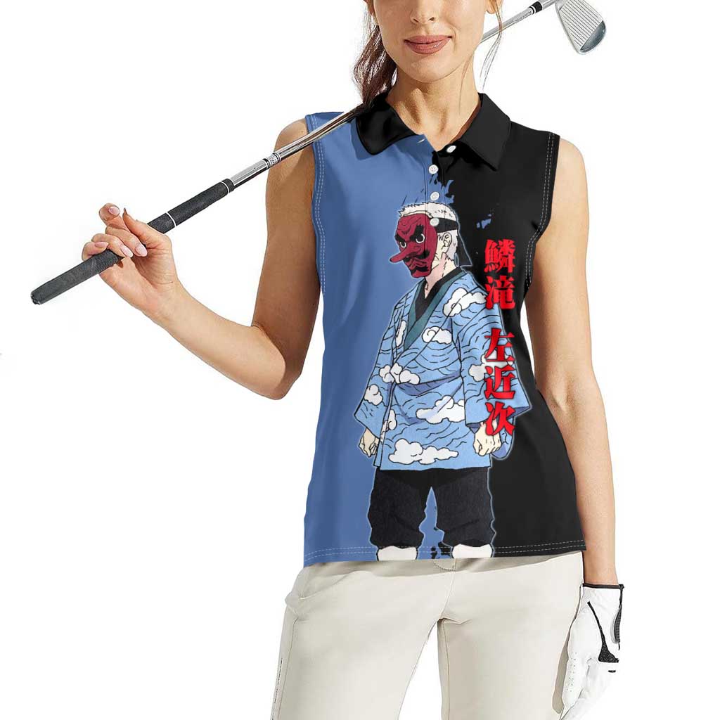 Sakonji Urokodaki from Demon Slayer Women Sleeveless Polo Shirt with Blue and Black Split Background and Cloud Kimono Water Style Manga Design - The Mazicc