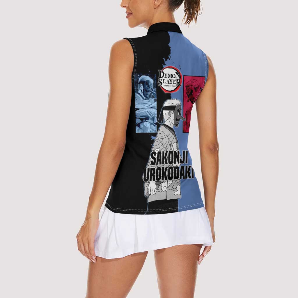 Sakonji Urokodaki from Demon Slayer Women Sleeveless Polo Shirt with Blue and Black Split Background and Cloud Kimono Water Style Manga Design - The Mazicc