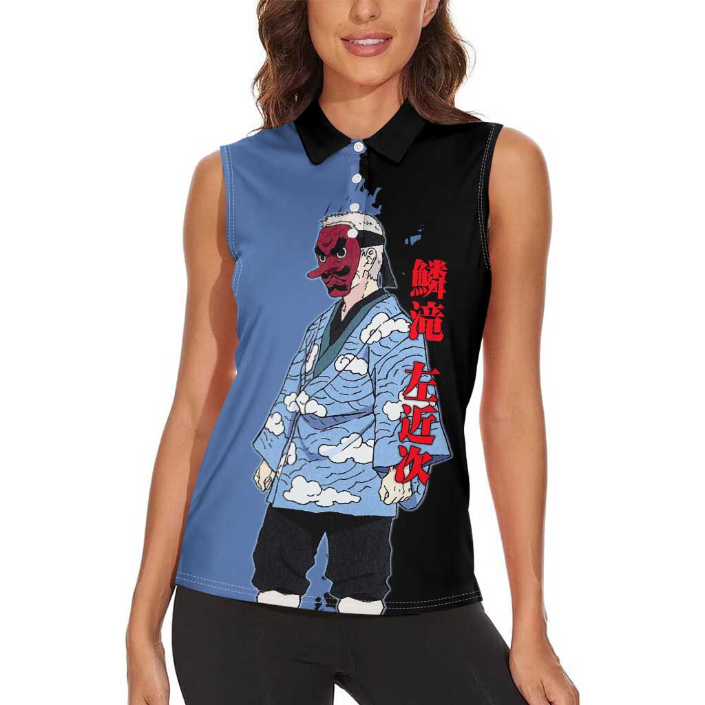 Sakonji Urokodaki from Demon Slayer Women Sleeveless Polo Shirt with Blue and Black Split Background and Cloud Kimono Water Style Manga Design - The Mazicc