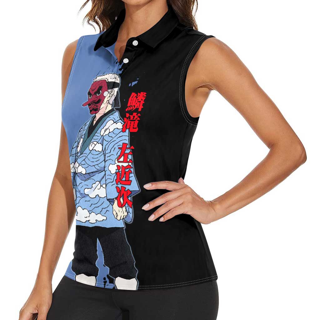 Sakonji Urokodaki from Demon Slayer Women Sleeveless Polo Shirt with Blue and Black Split Background and Cloud Kimono Water Style Manga Design - The Mazicc