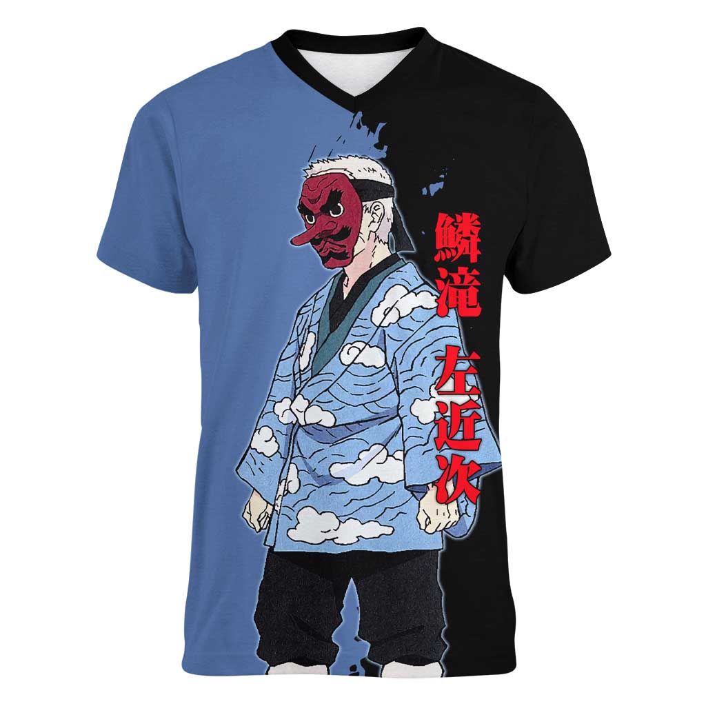 Sakonji Urokodaki from Demon Slayer Women V-Neck T-Shirt with Blue and Black Split Background and Cloud Kimono Water Style Manga Design - The Mazicc