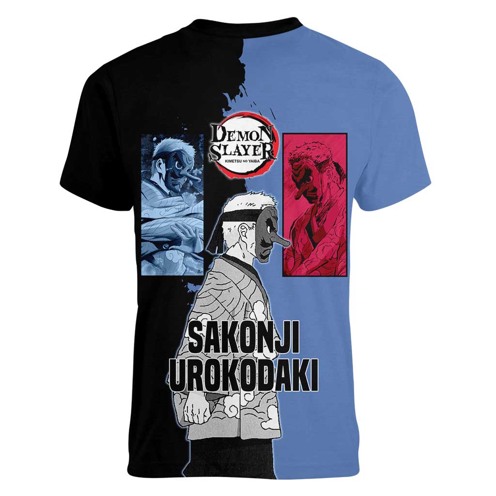 Sakonji Urokodaki from Demon Slayer Women V-Neck T-Shirt with Blue and Black Split Background and Cloud Kimono Water Style Manga Design - The Mazicc