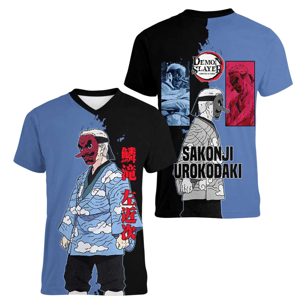 Sakonji Urokodaki from Demon Slayer Women V-Neck T-Shirt with Blue and Black Split Background and Cloud Kimono Water Style Manga Design - The Mazicc