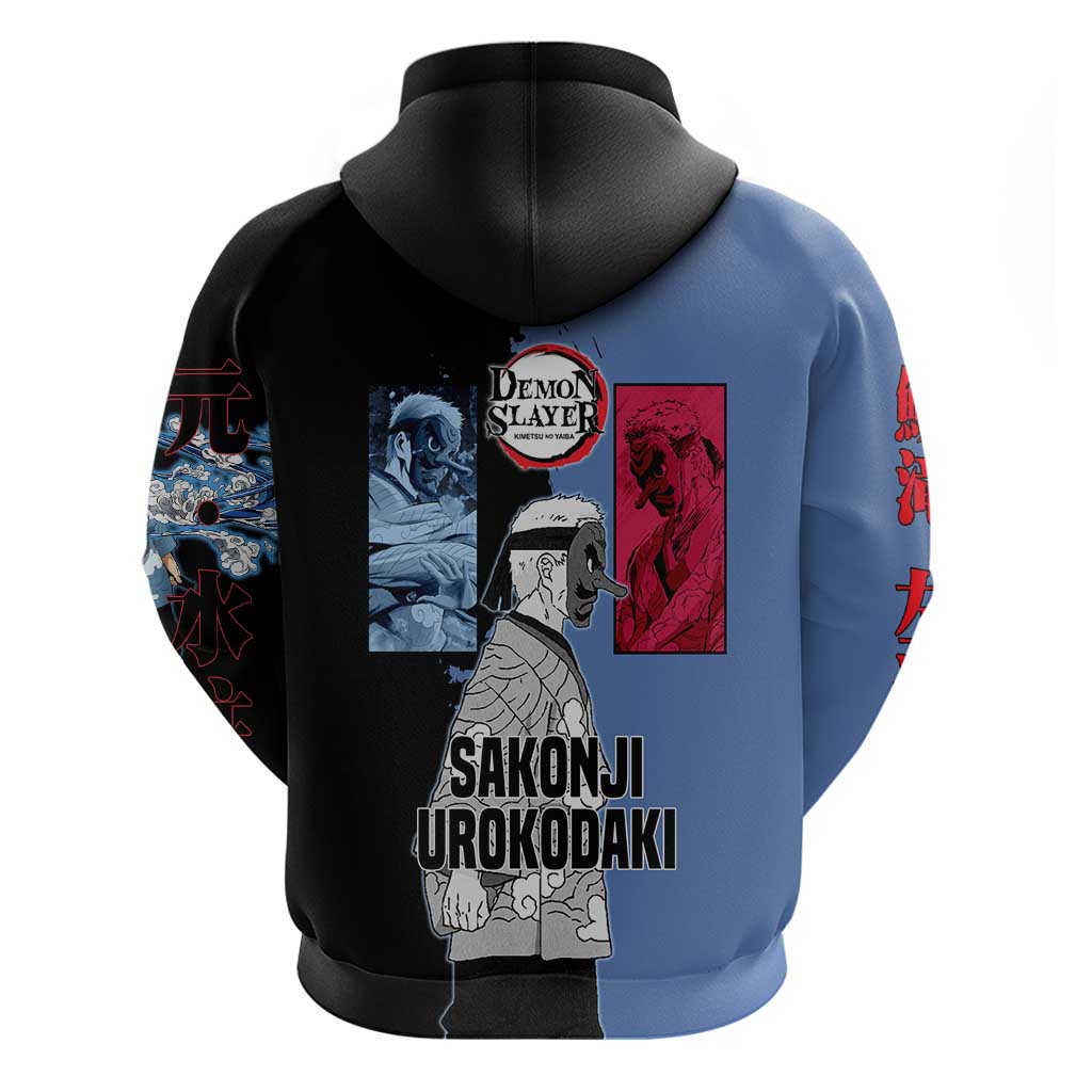 Sakonji Urokodaki from Demon Slayer Zip Hoodie with Blue and Black Split Background and Cloud Kimono Water Style Manga Design - The Mazicc