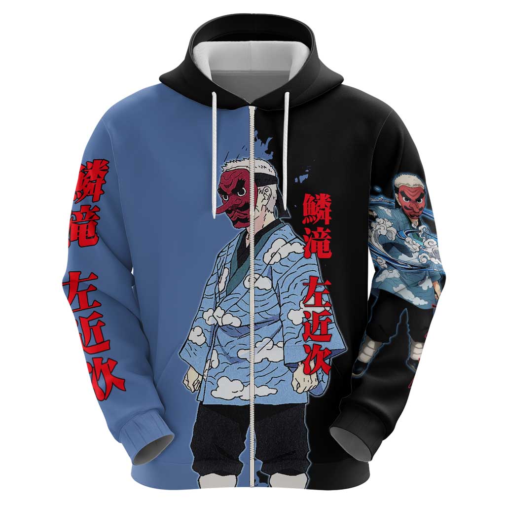 Sakonji Urokodaki from Demon Slayer Zip Hoodie with Blue and Black Split Background and Cloud Kimono Water Style Manga Design - The Mazicc