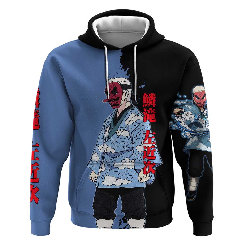Sakonji Urokodaki from Demon Slayer Zip Hoodie with Blue and Black Split Background and Cloud Kimono Water Style Manga Design - The Mazicc