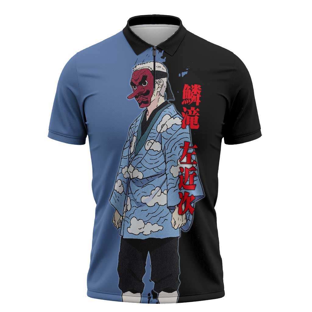 Sakonji Urokodaki from Demon Slayer Zipper Polo Shirt with Blue and Black Split Background and Cloud Kimono Water Style Manga Design - The Mazicc