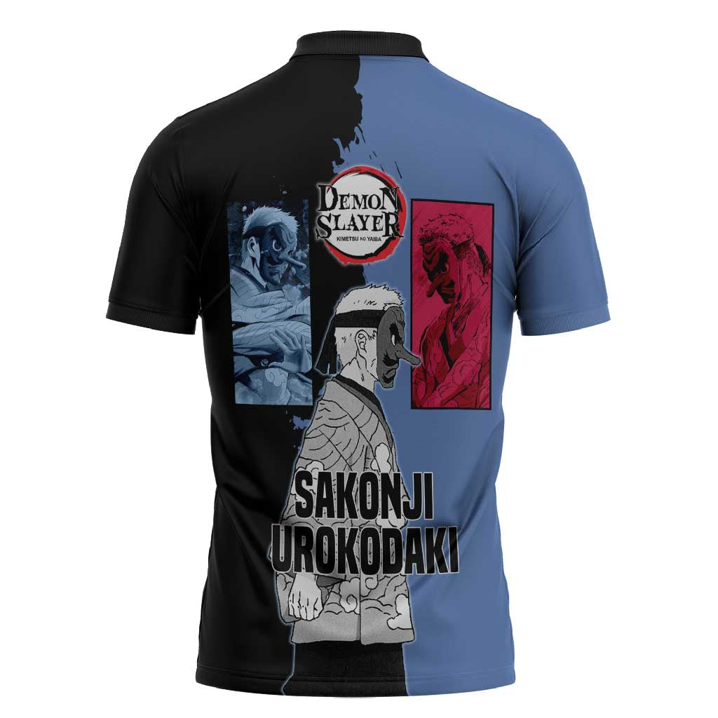 Sakonji Urokodaki from Demon Slayer Zipper Polo Shirt with Blue and Black Split Background and Cloud Kimono Water Style Manga Design - The Mazicc
