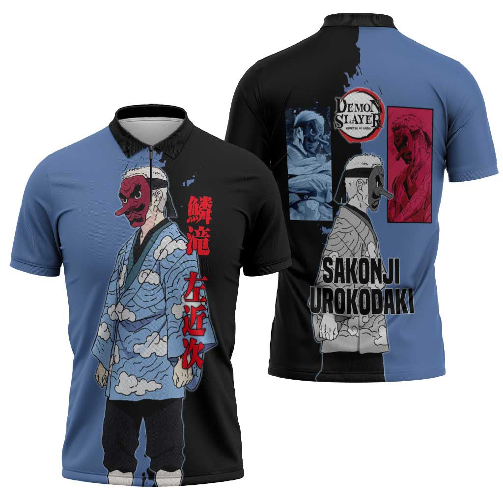 Sakonji Urokodaki from Demon Slayer Zipper Polo Shirt with Blue and Black Split Background and Cloud Kimono Water Style Manga Design - The Mazicc
