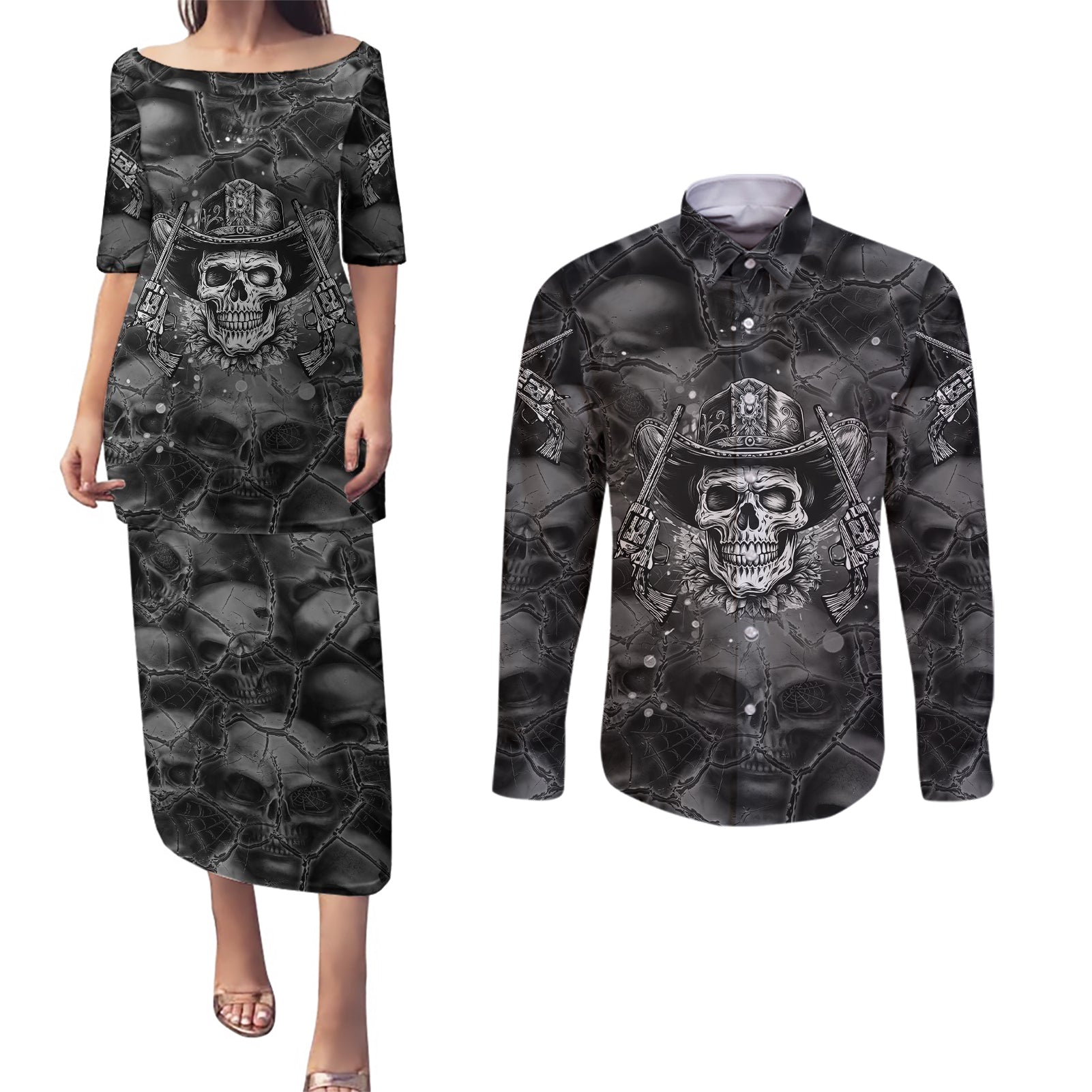 cowboy-skull-couples-matching-puletasi-dress-and-long-sleeve-button-shirts-cowboy-take-me-away