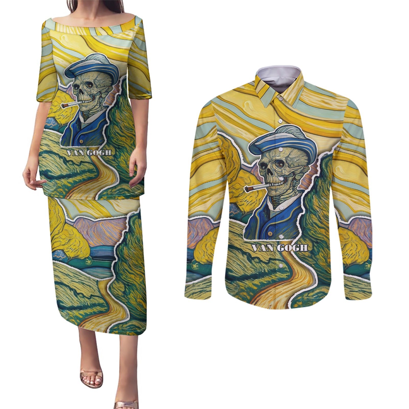 vincent-van-gogh-skull-couples-matching-puletasi-dress-and-long-sleeve-button-shirts