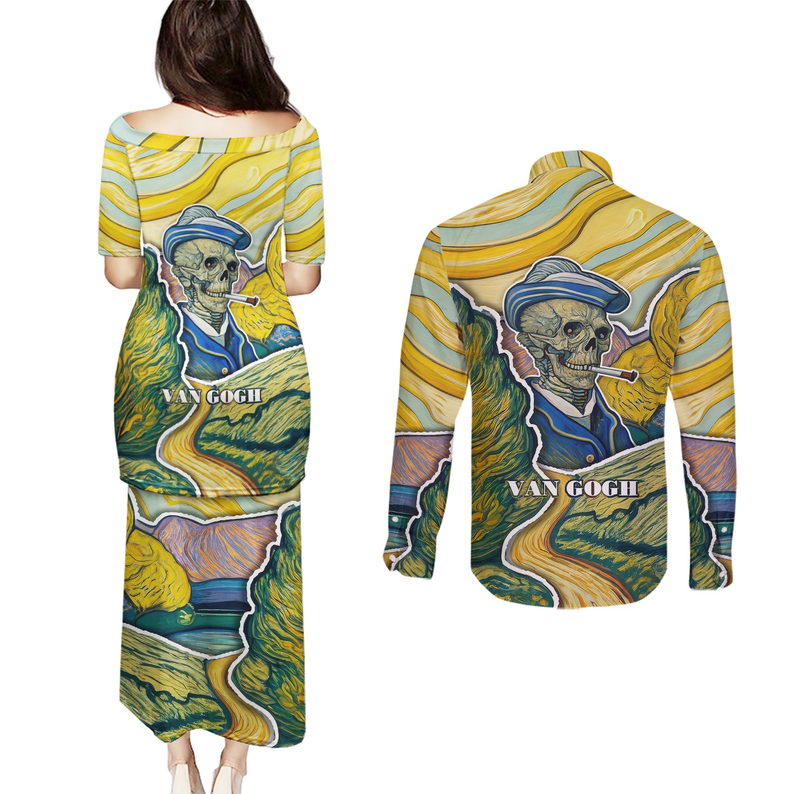 vincent-van-gogh-skull-couples-matching-puletasi-dress-and-long-sleeve-button-shirts