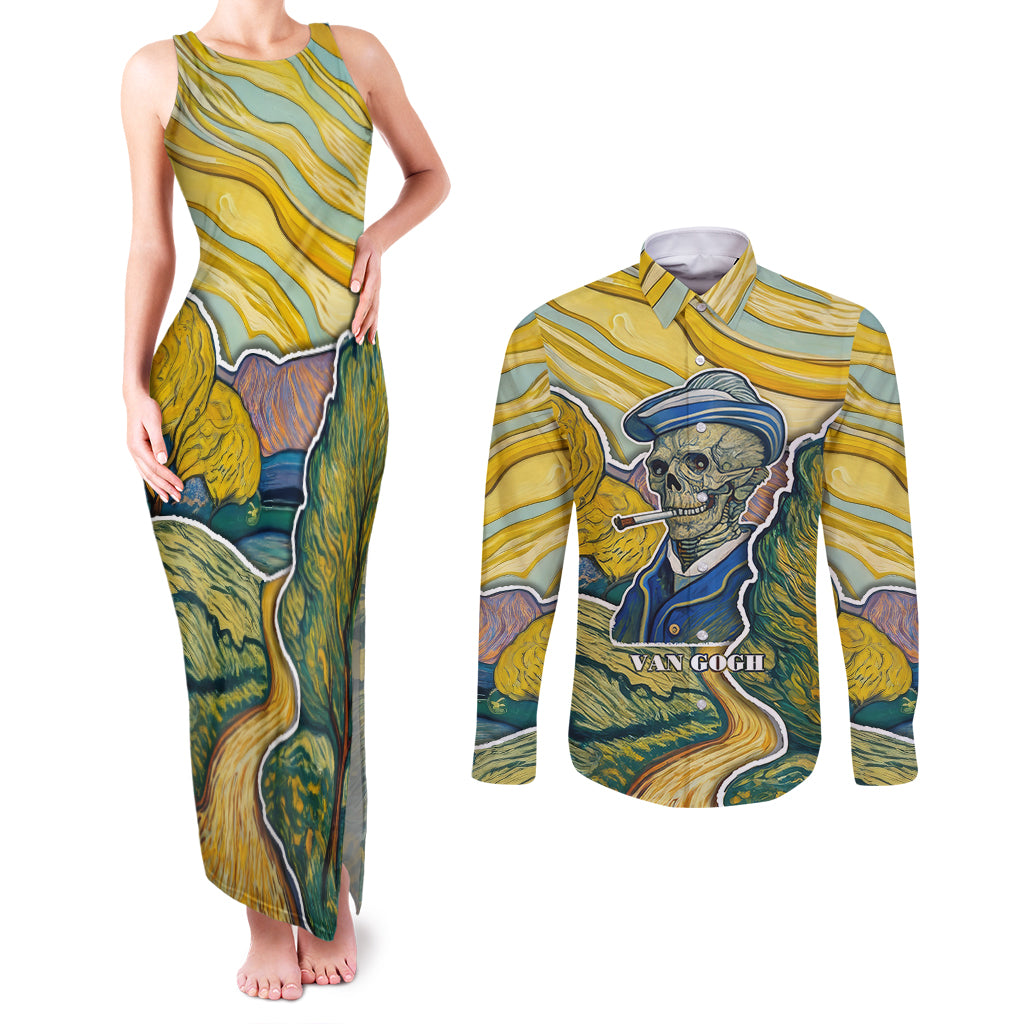 vincent-van-gogh-skull-couples-matching-tank-maxi-dress-and-long-sleeve-button-shirts