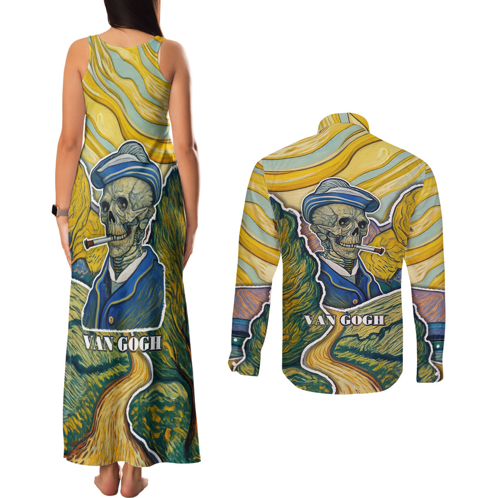 vincent-van-gogh-skull-couples-matching-tank-maxi-dress-and-long-sleeve-button-shirts