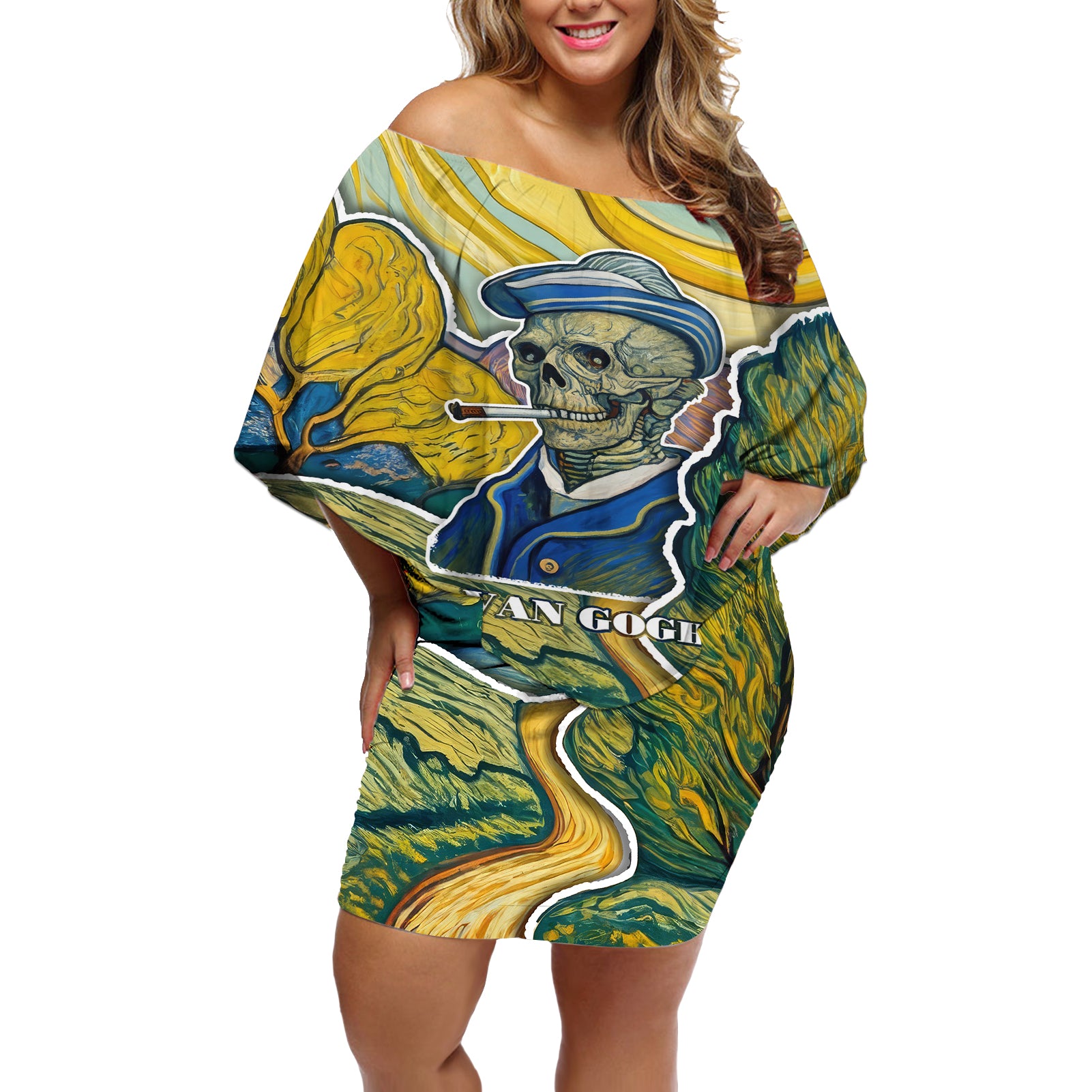 vincent-van-gogh-skull-off-shoulder-short-dress