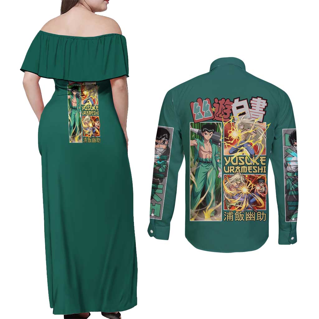 Yusuke Urameshi Yuyu Hakusho Couples Matching Off Shoulder Maxi Dress and Long Sleeve Button Shirt Anime Style