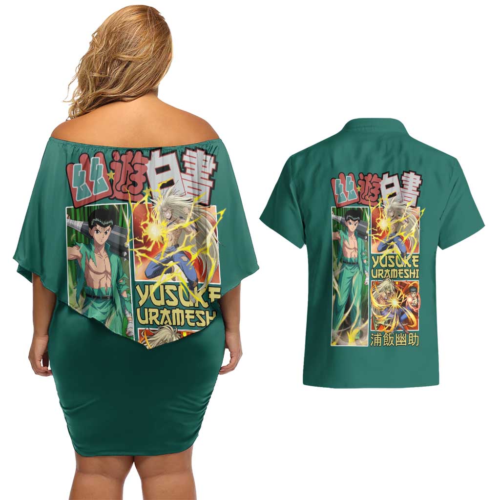 Yusuke Urameshi Yuyu Hakusho Couples Matching Off Shoulder Short Dress and Hawaiian Shirt Anime Style
