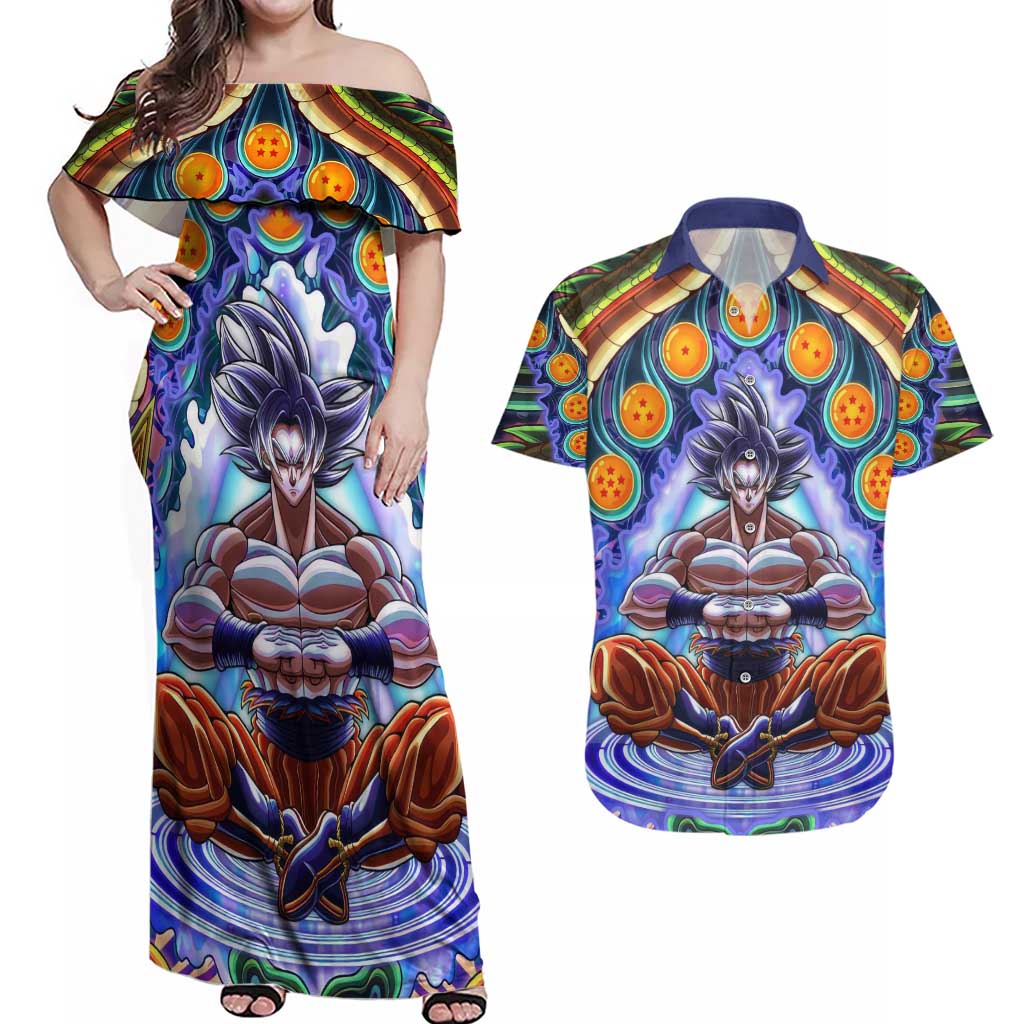 Trippy Ultra Instinct Goku Dragon Ball Z Couples Matching Off Shoulder Maxi Dress and Hawaiian Shirt Anime Trippy Style