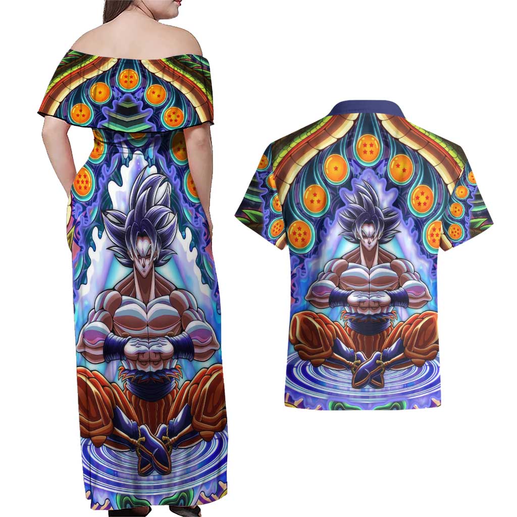 Trippy Ultra Instinct Goku Dragon Ball Z Couples Matching Off Shoulder Maxi Dress and Hawaiian Shirt Anime Trippy Style