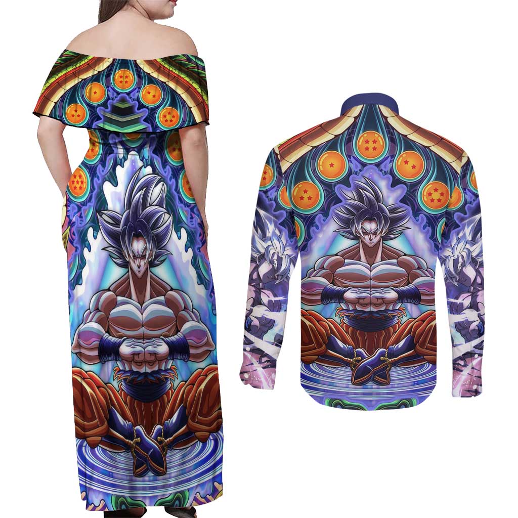 Trippy Ultra Instinct Goku Dragon Ball Z Couples Matching Off Shoulder Maxi Dress and Long Sleeve Button Shirt Anime Trippy Style