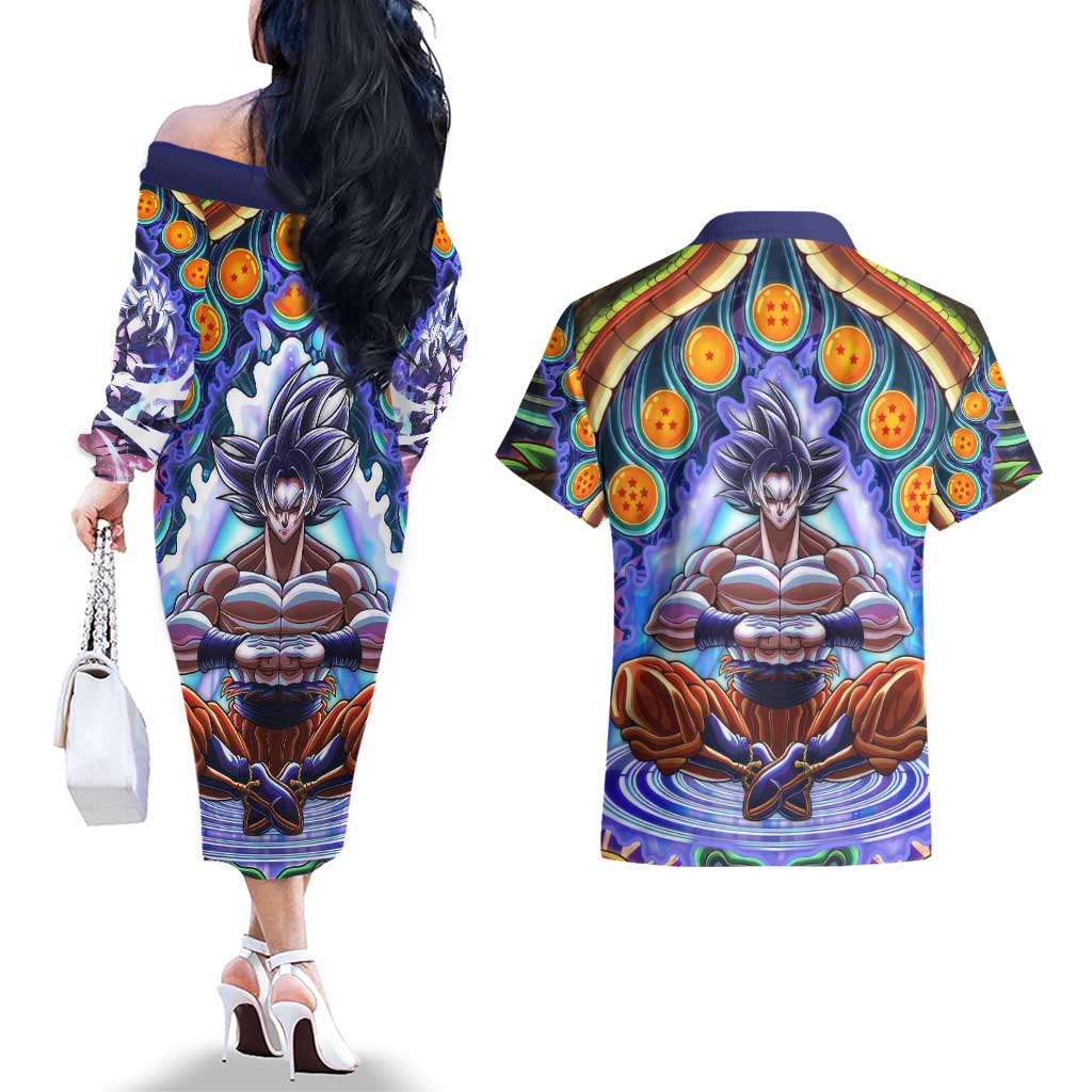 Trippy Ultra Instinct Goku Dragon Ball Z Couples Matching Off The Shoulder Long Sleeve Dress and Hawaiian Shirt Anime Trippy Style