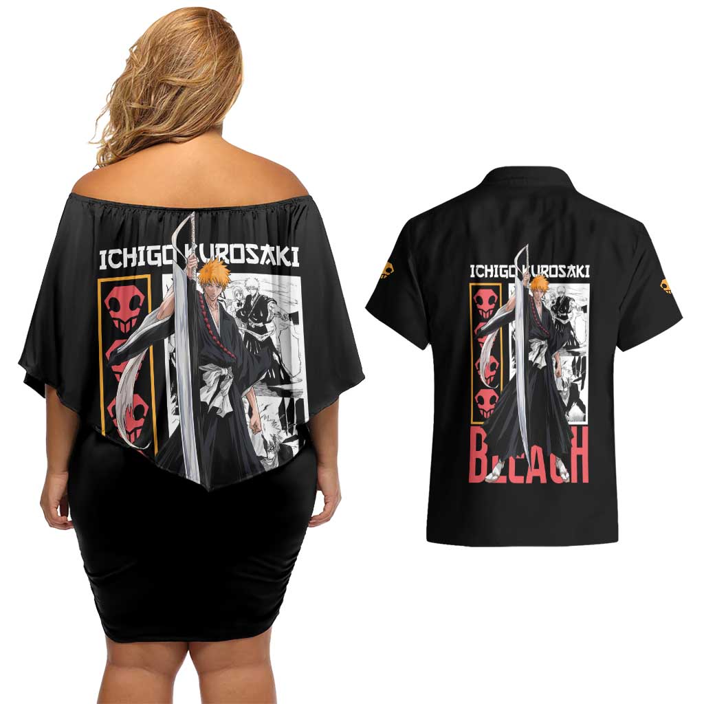 Ichigo Kurosaki TYBWA V2 Bleach Couples Matching Off Shoulder Short Dress and Hawaiian Shirt Anime Style
