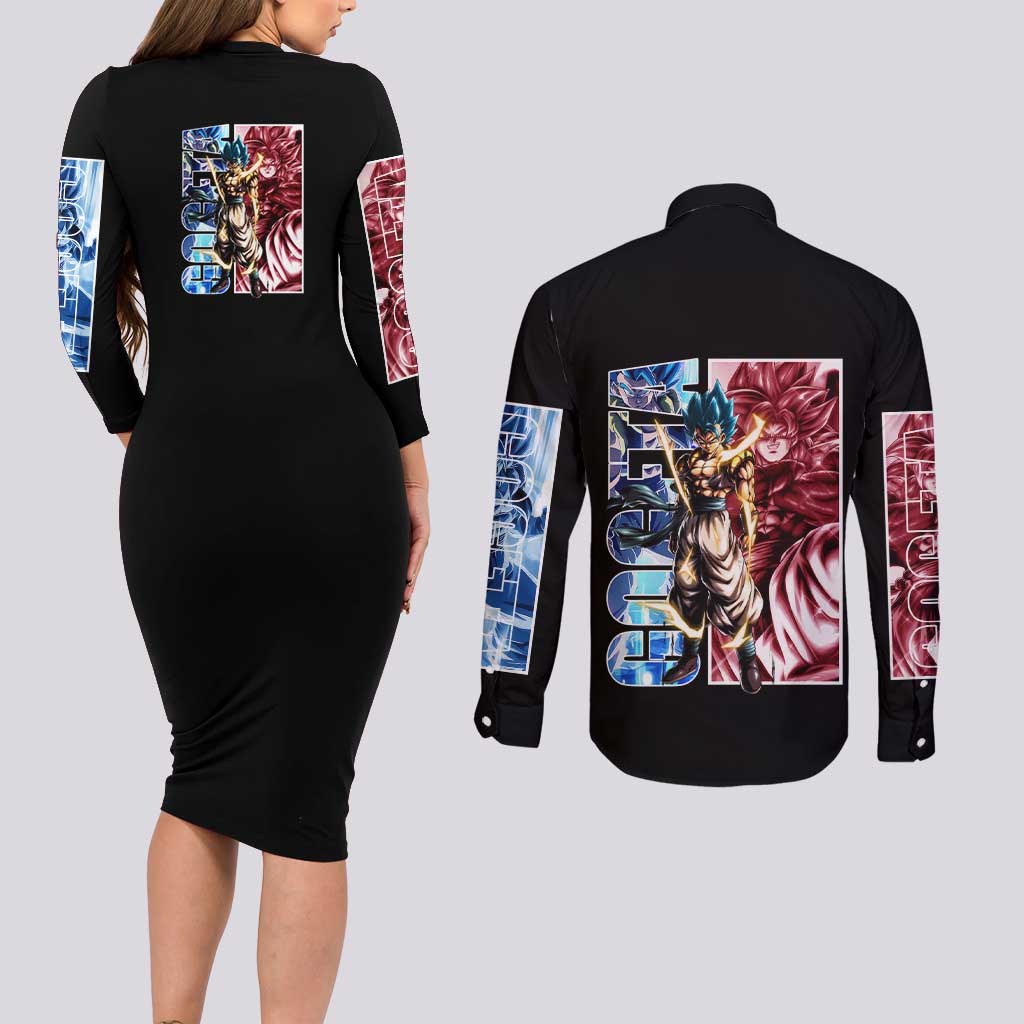 Gogeta Dragon Ball Z Couples Matching Long Sleeve Bodycon Dress and Long Sleeve Button Shirt Anime Style