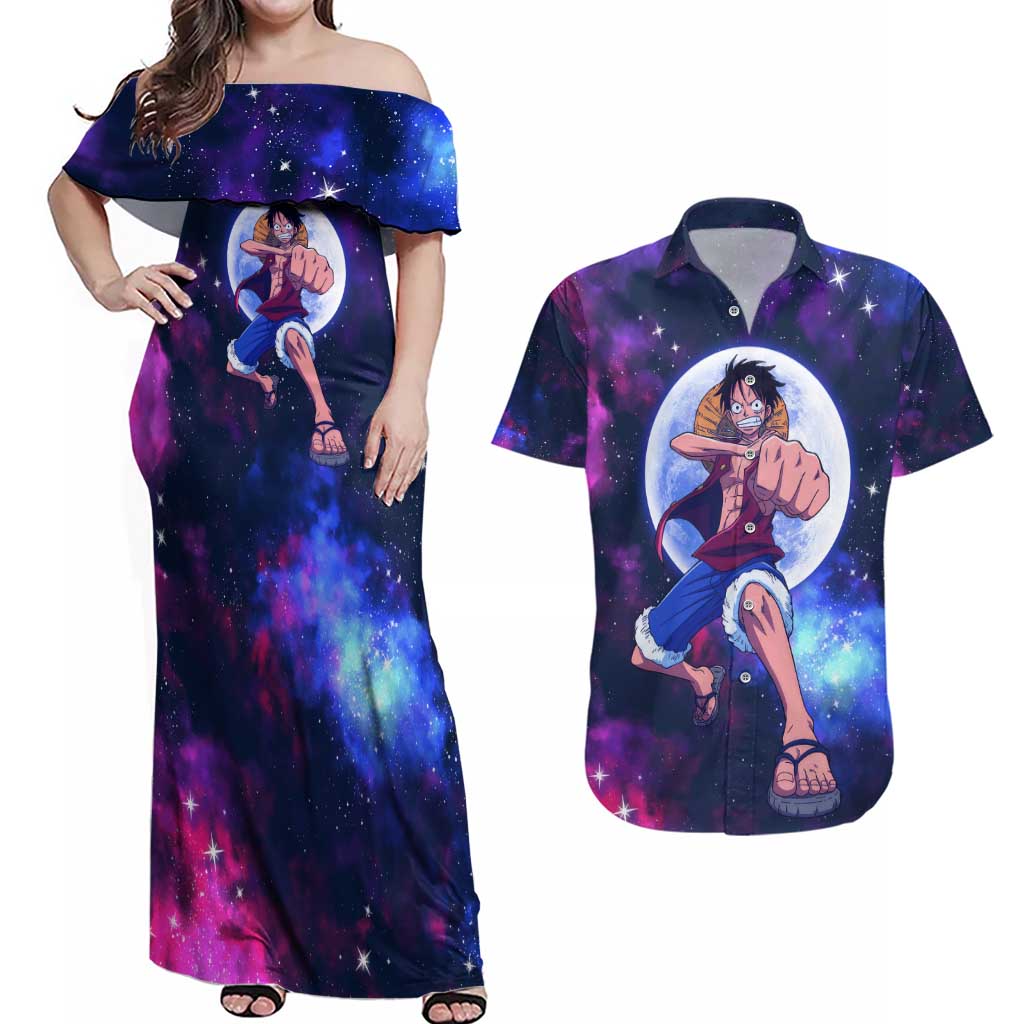 One Piece Lunar Ring Luffy Couples Matching Off Shoulder Maxi Dress and Hawaiian Shirt Anime Style