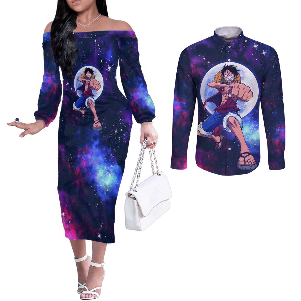 One Piece Lunar Ring Luffy Couples Matching Off The Shoulder Long Sleeve Dress and Long Sleeve Button Shirt Anime Style