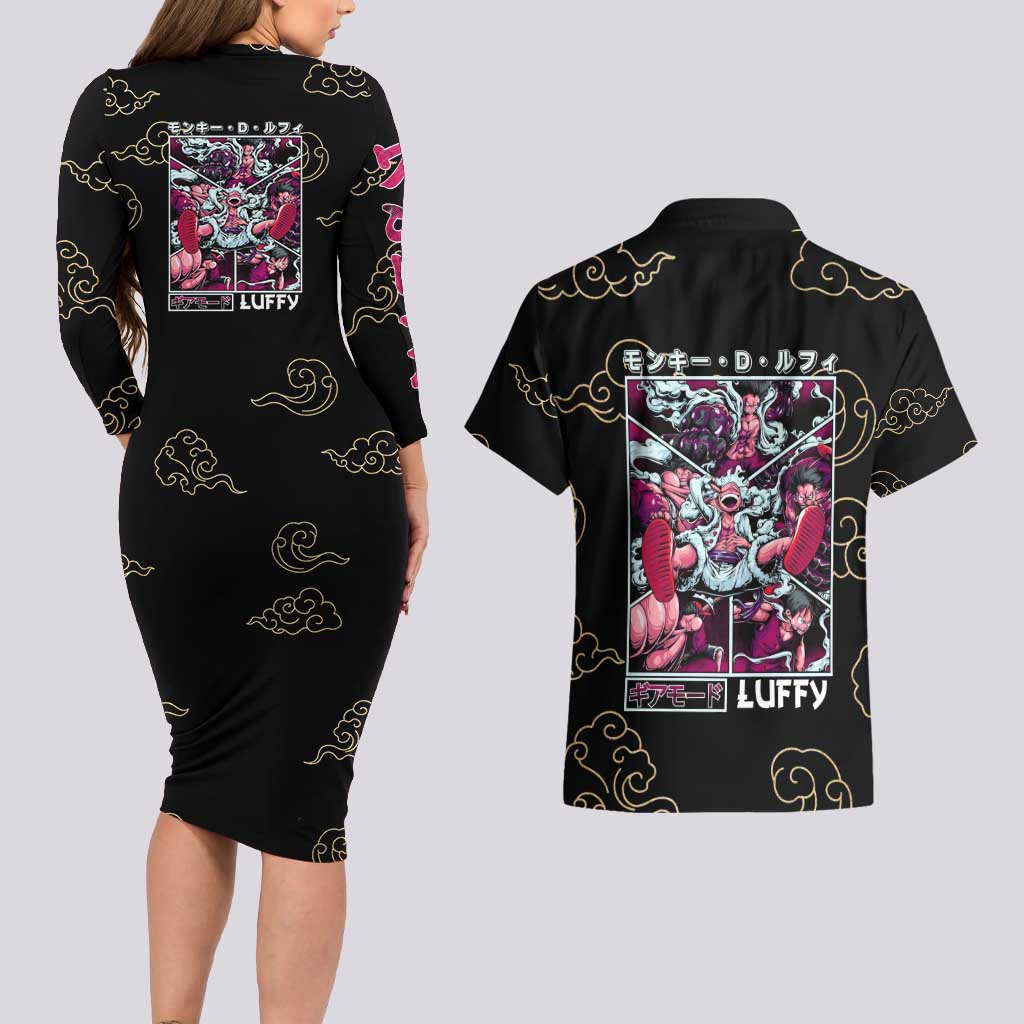 Monkey D. Luffy Gear 5th V4 One Piece Couples Matching Long Sleeve Bodycon Dress and Hawaiian Shirt Anime Style