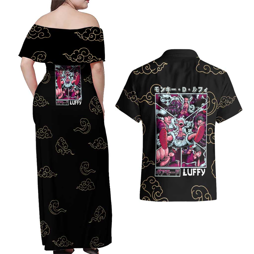 Monkey D. Luffy Gear 5th V4 One Piece Couples Matching Off Shoulder Maxi Dress and Hawaiian Shirt Anime Style